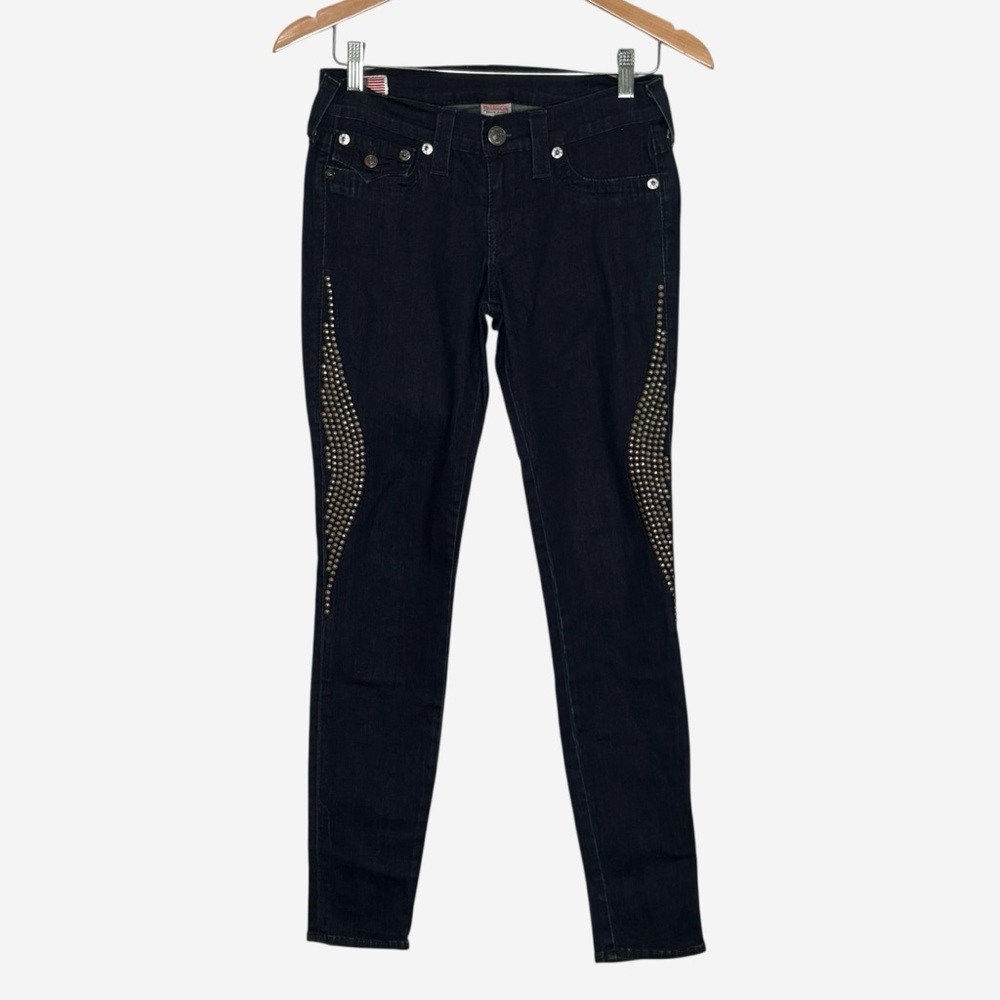 True Religion Casey Steel Panel Studded Skinny Jeans 27 USA Dark Wash RARE - Picture 3 of 14